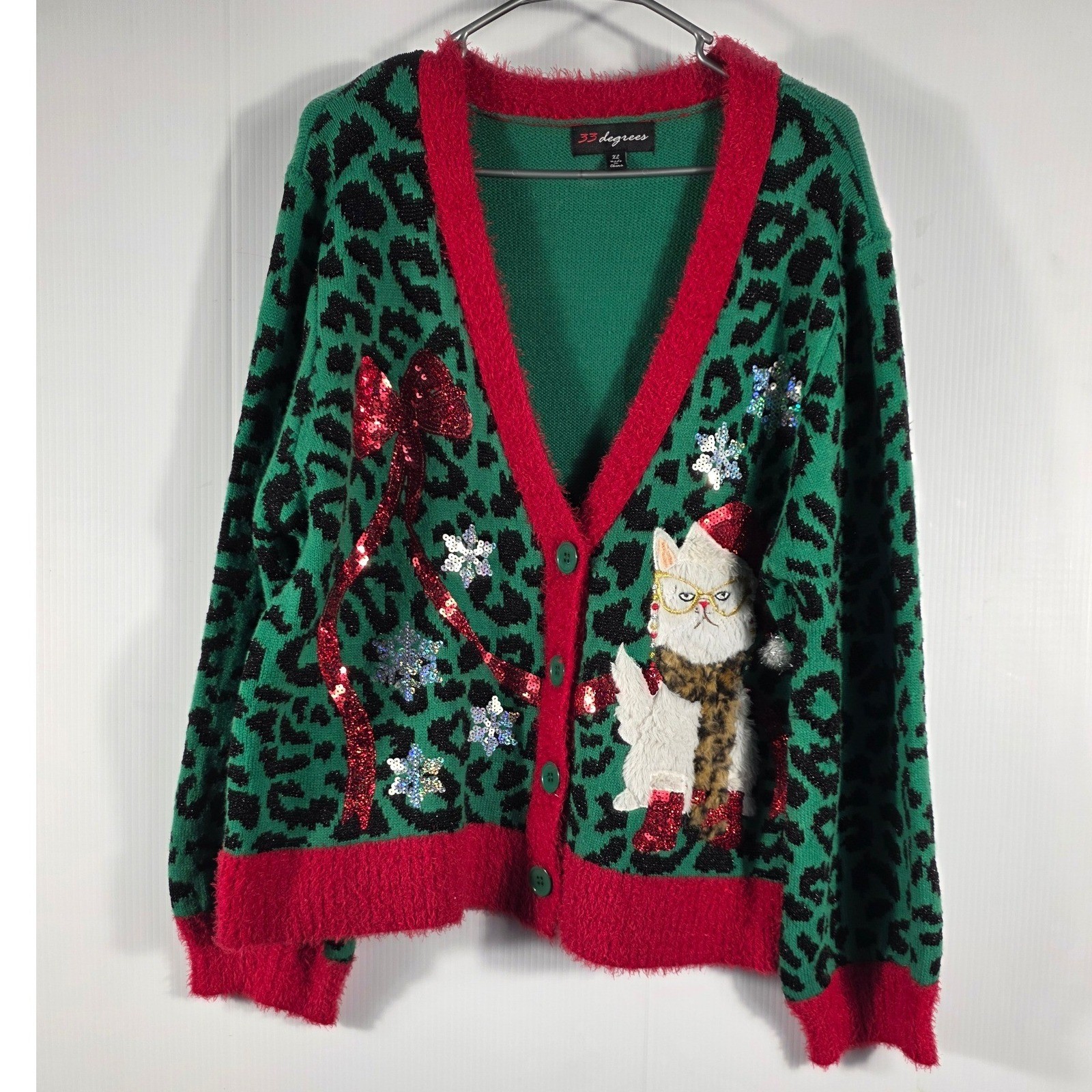 33 Degrees Womens Green Leopard Print Grumpy Cat Ugly Christmas Cardigan XL
