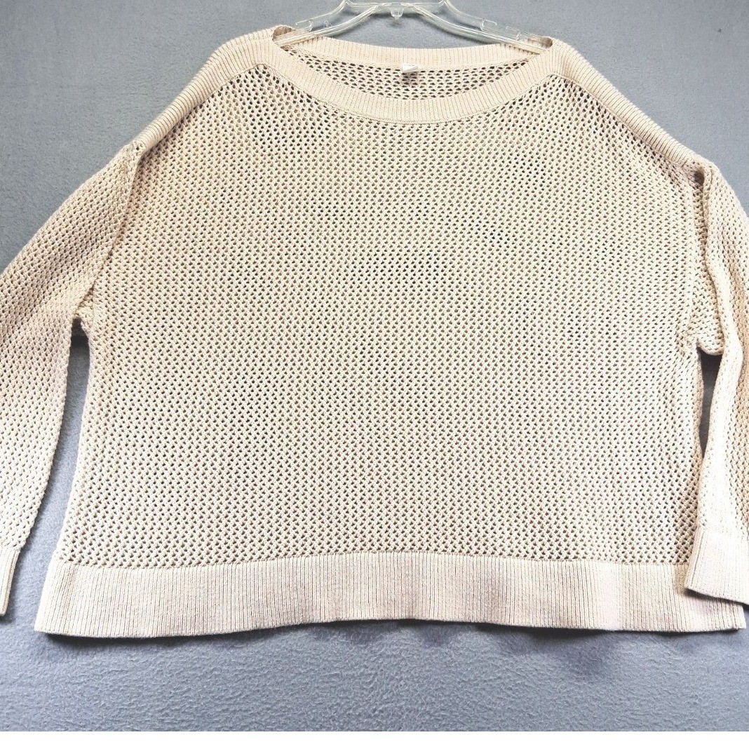 Cream Open Weave Mesh Knit Sweater Crew Neck Boxy Long Sleeve Pullover