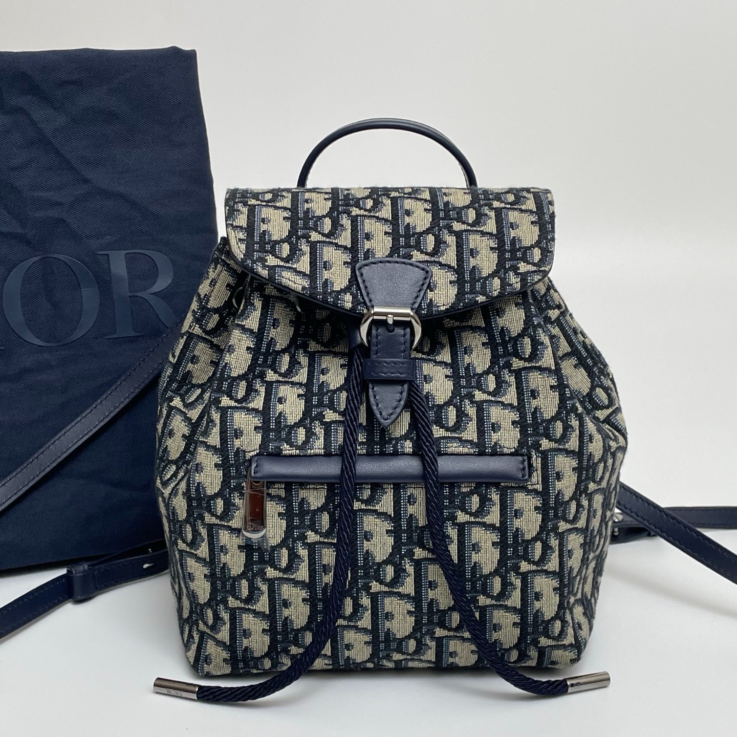 DIOR Mini Backpack Oblique Jacquard Beige and Navy Drawstring Bag