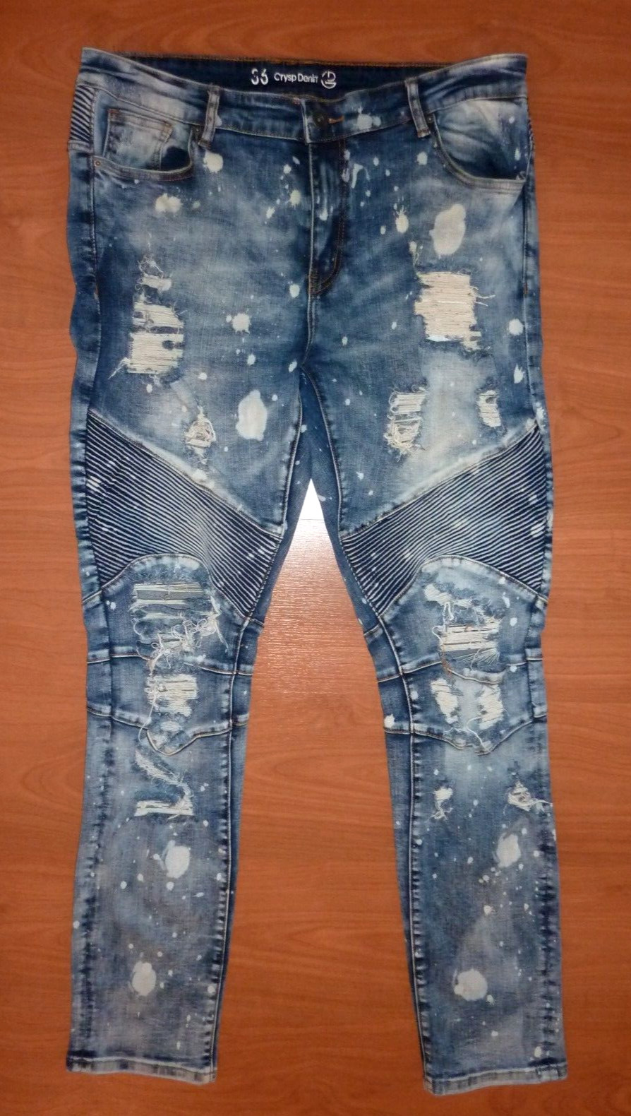 Crysp Denim Moto Biker Men’s Stretch Jeans Sz 36×33 Skinny Distressed Acid Wash