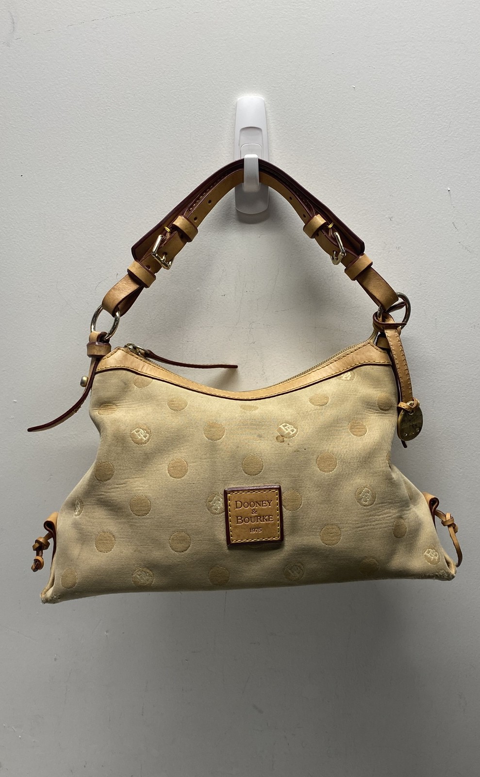 Dooney & Bourke Tan Polka Dot DB Monogram Canvas Hobo Shoulder Bag