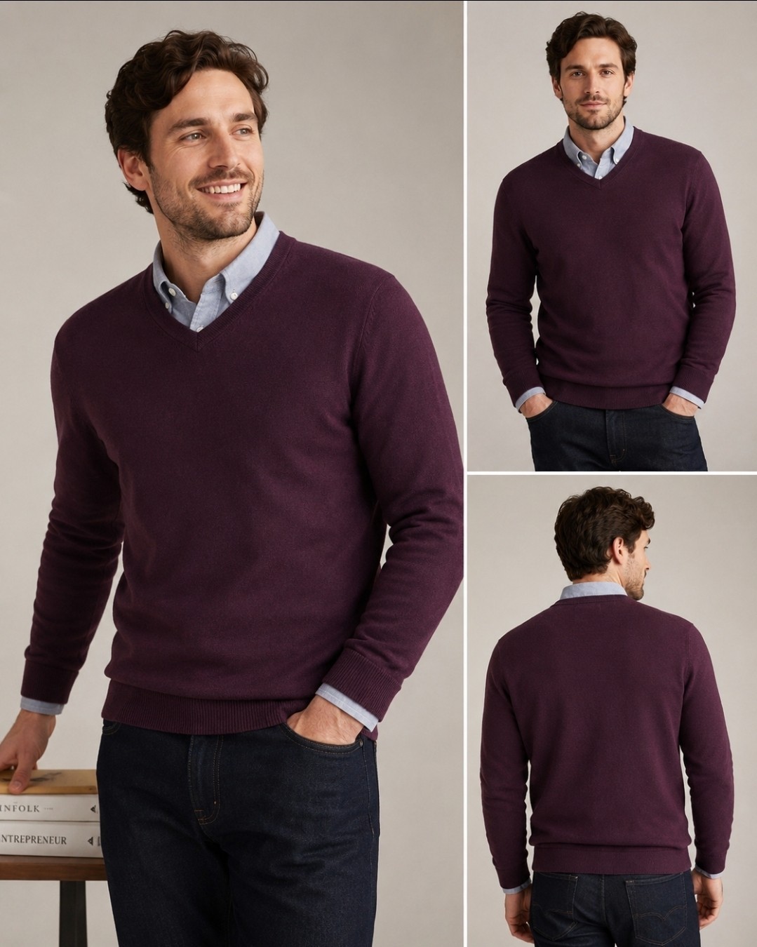 Lands’ End Men’s Large Supima Cotton V-Neck Sweater Burgundy Plum Long Sleeve