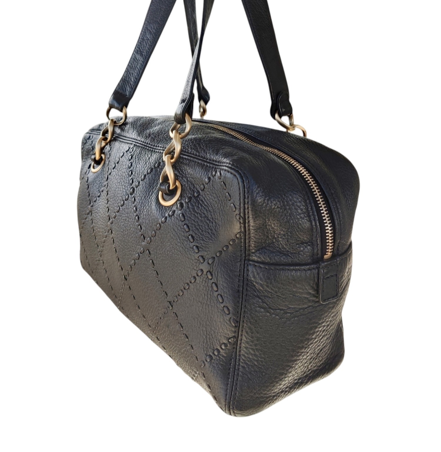 Vintage Chanel Black Leather Bowling Bag Surpique Gold CC Zip Authentic Shoulder