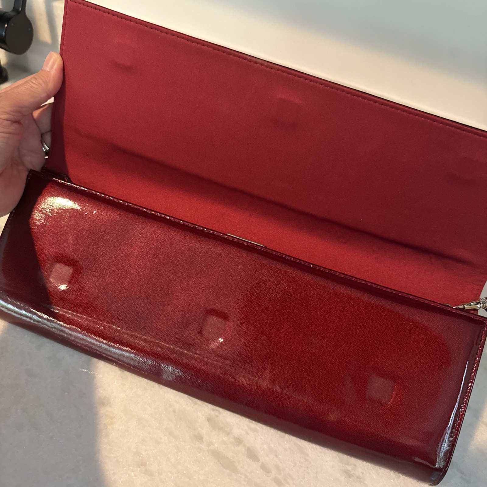Stuart Weitzman Vintage Patent Leather Clutch With Wrist Strap In Wine