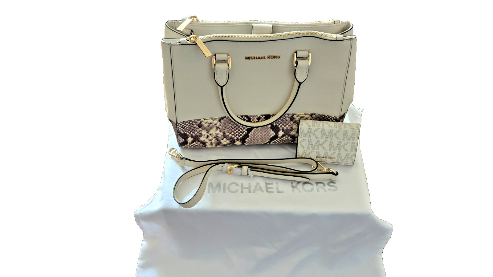 Michael Kors Savannah Satchel Set Vanilla Leather Snakeskin Trim Wallet Dustbag