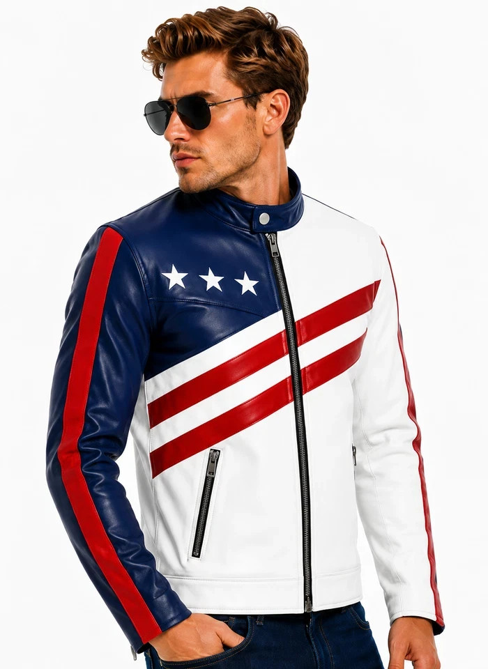 Men’s USA Flag Leather Jacket Genuine Cowhide Biker Jacket