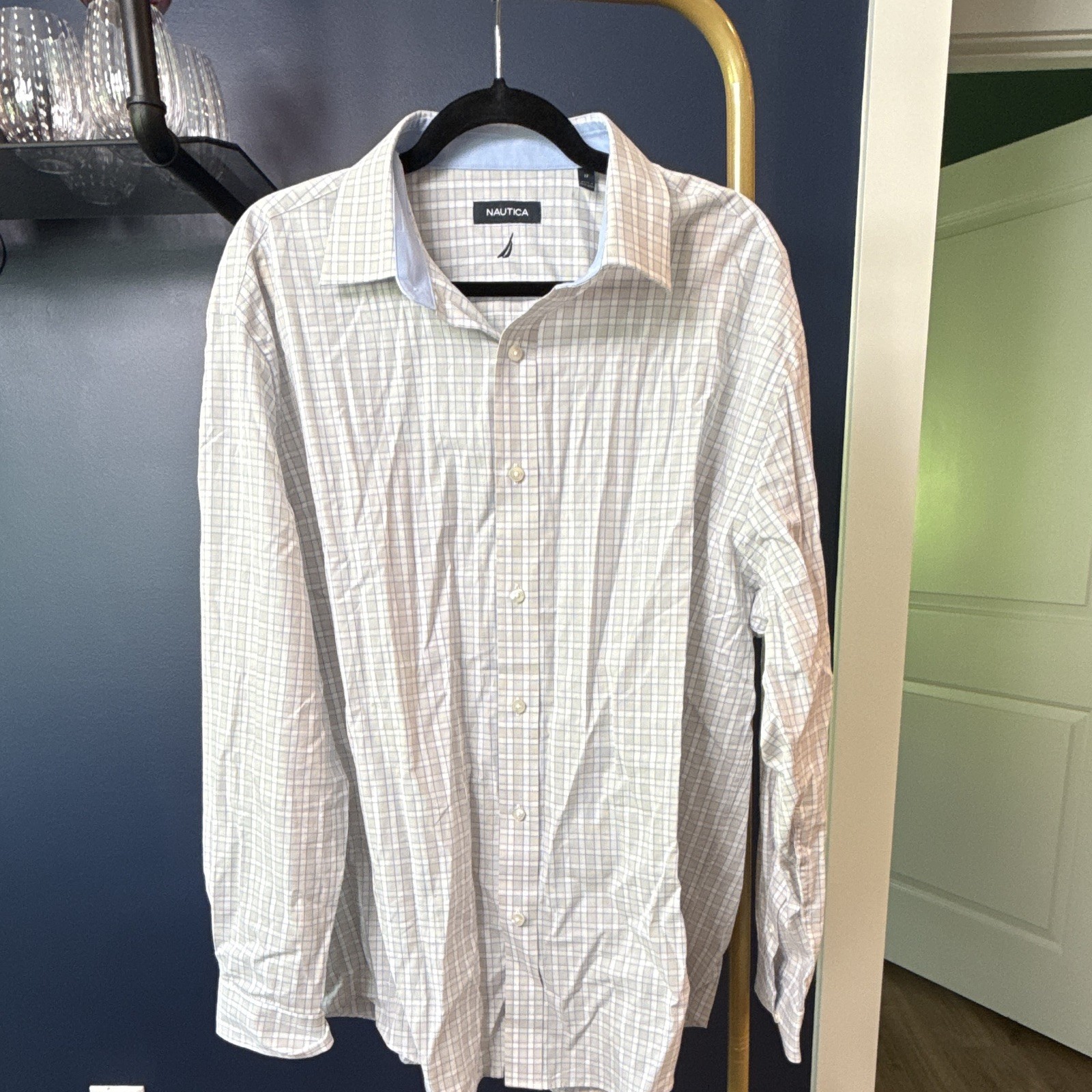Nautica Classic Fit Cotton White Blue Check Dress Shirt 17 34-35