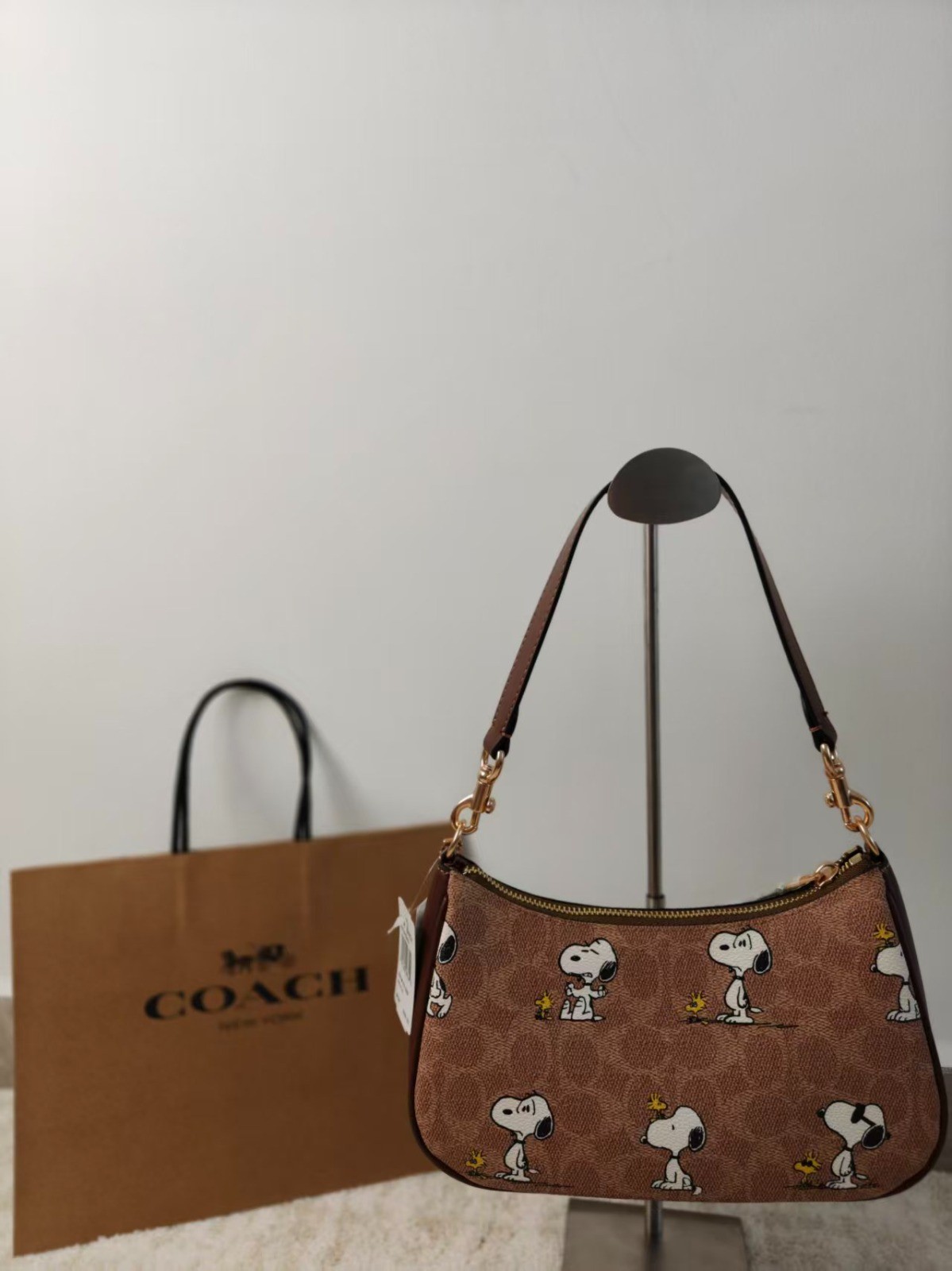 COACH x PEANUTS Teri Shoulder Bag Tan Brown Snoopy Print Signature Canvas CBJ88