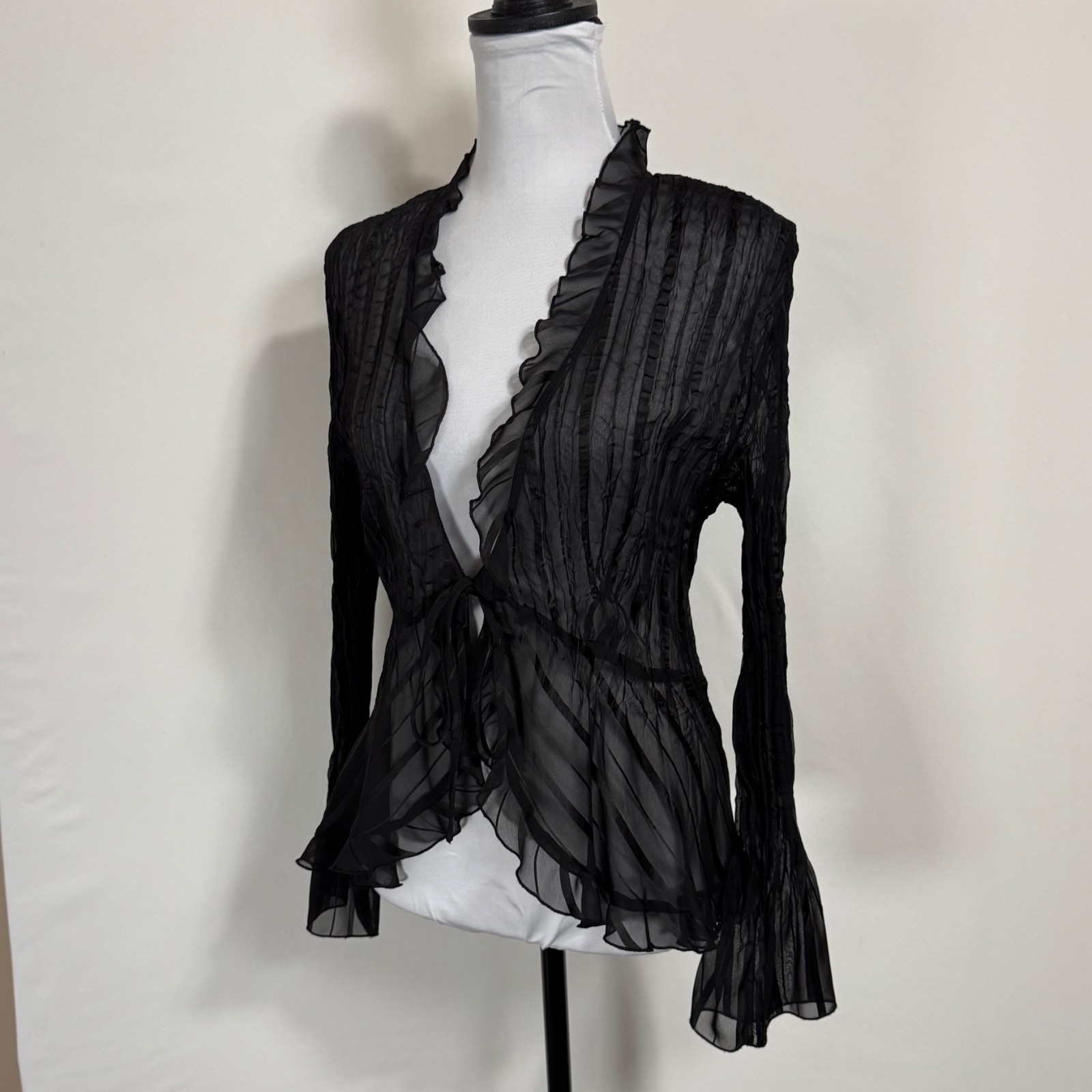 Y2K Vintage Sheer Black Tie Front Cardigan Top Size L Whimsy Fairy Goth Witch