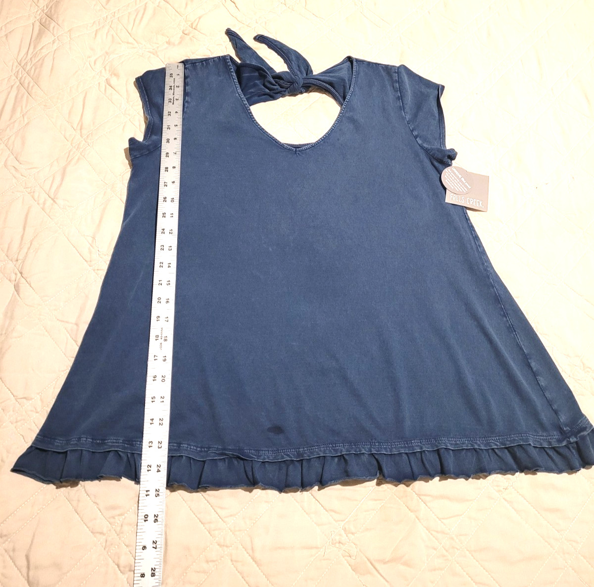NWT Falls Creek Blue Chambray Style Top Ruffle Hem Tie Back Boho Casual M
