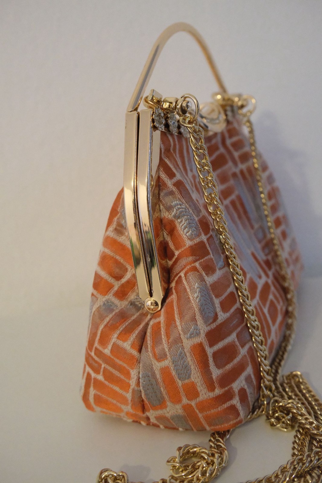 Elegant Handmade Evening Bag Gold Tone Chain Orange Pattern Handbag