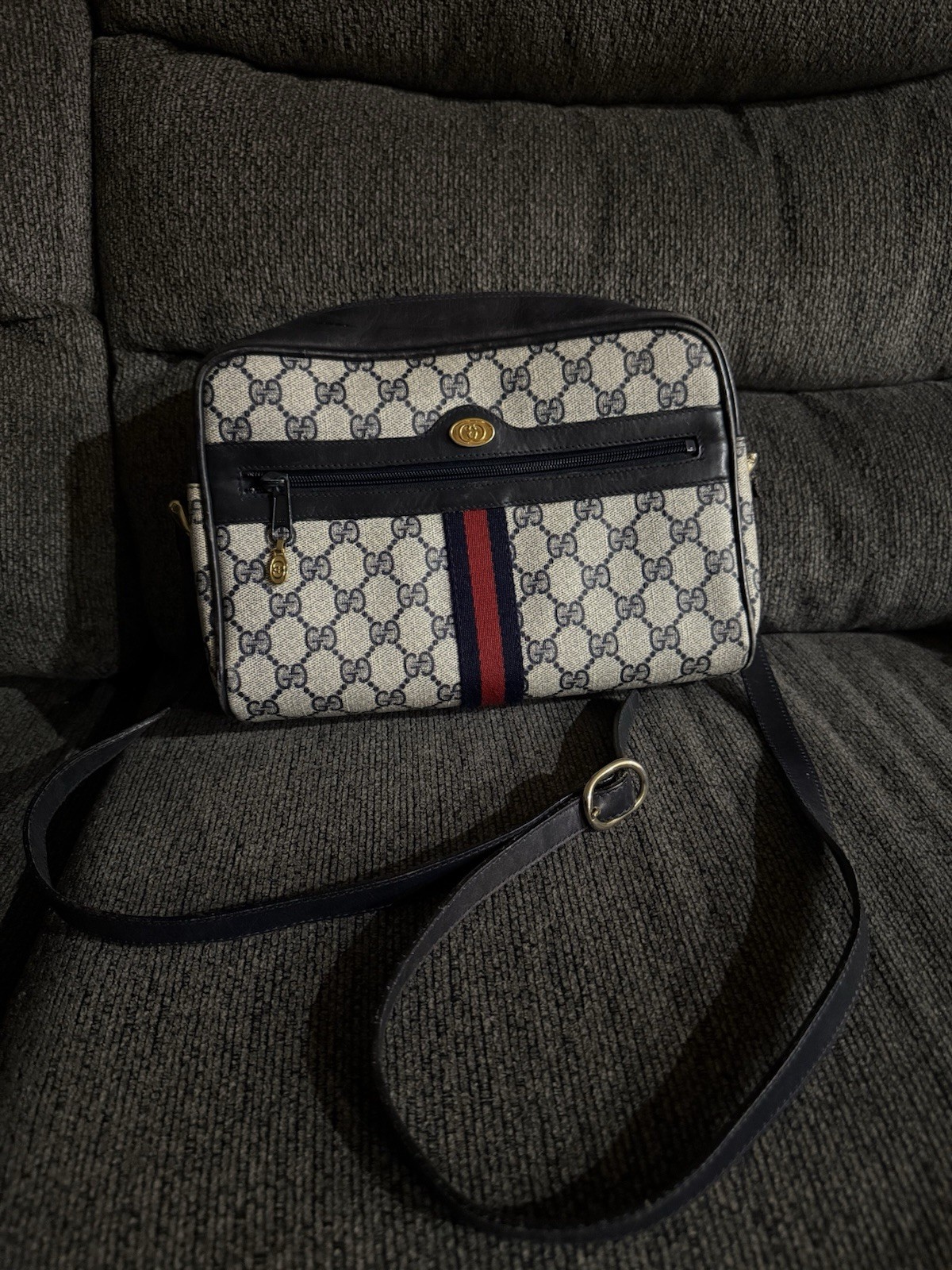 Authentic GUCCI Ophidia Navy Monogram Canvas Crossbody Bag.