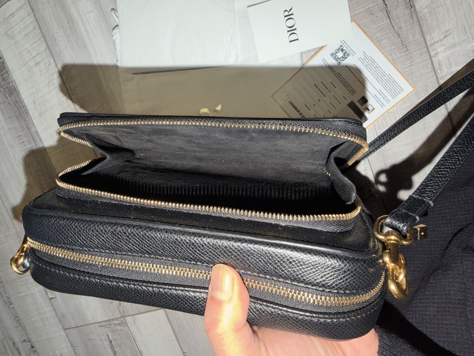 CHRISTIAN DIOR Caro Grained Leather Double Pouch Crossbody Bag Black