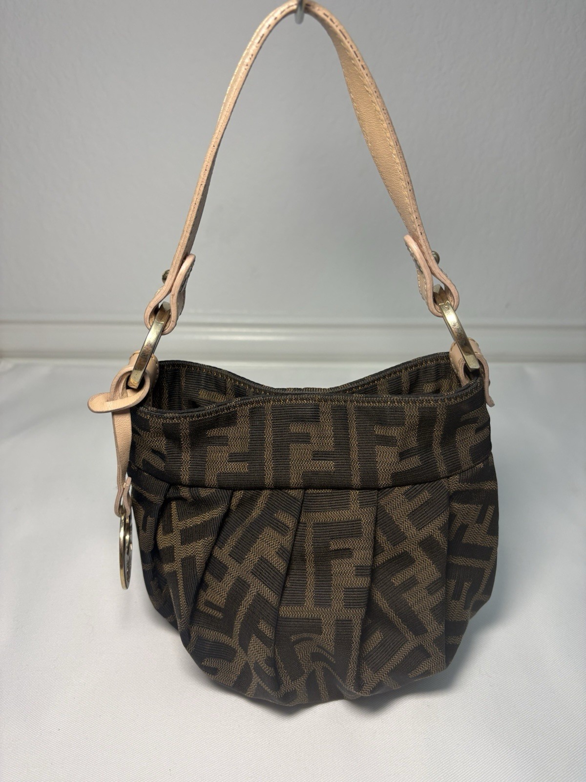 Fendi Zucca Canvas Vintage FF Logo Charm Mini Chef Hobo Tote Bag Brown Pink