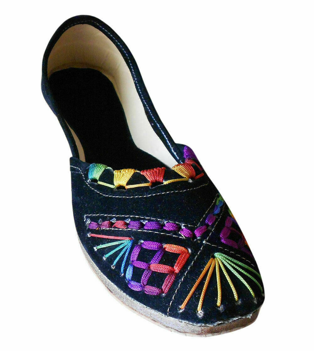 Women Shoes Indian Handmade Jutties Wedding Punjabi Black Mojaries Flats US 6-12
