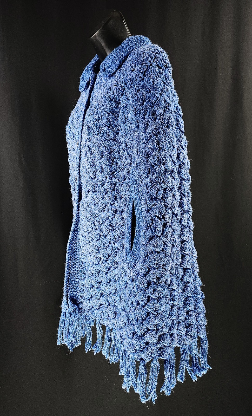 VTG Hand Crochet Cape Shawl Poncho ~Button Front ~Fringe~ BOHO Cottagecore Retro