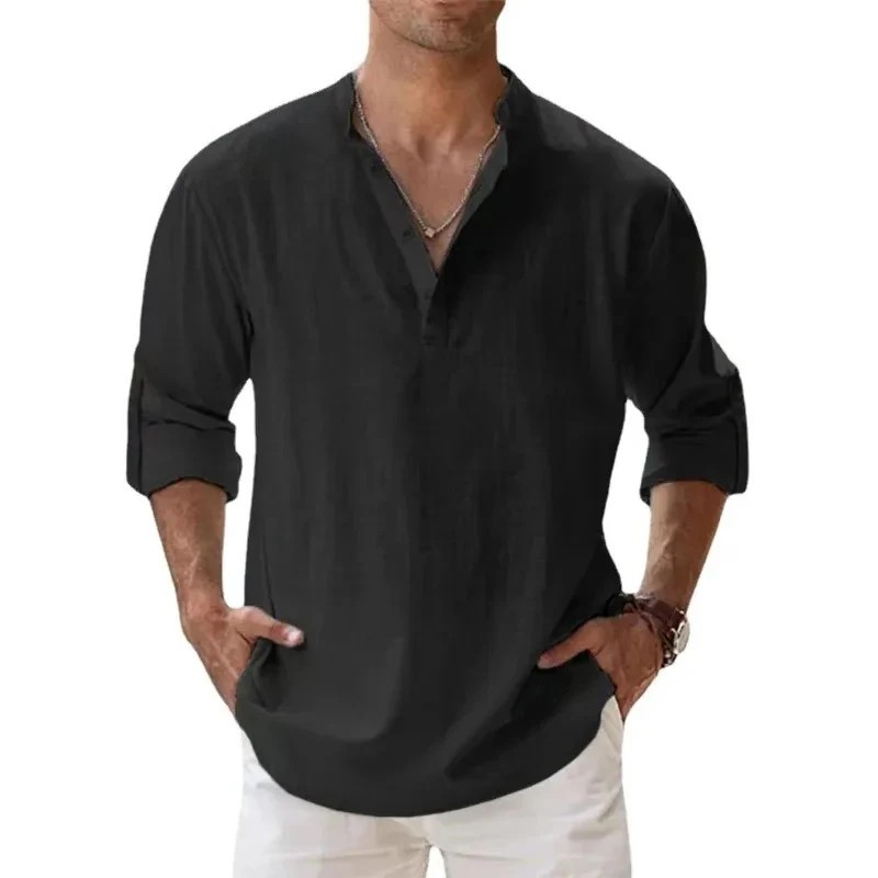 Men’s Cotton Linen Henley Long Sleeve Shirt Casual Beach T-shirt Tee Summer Gift