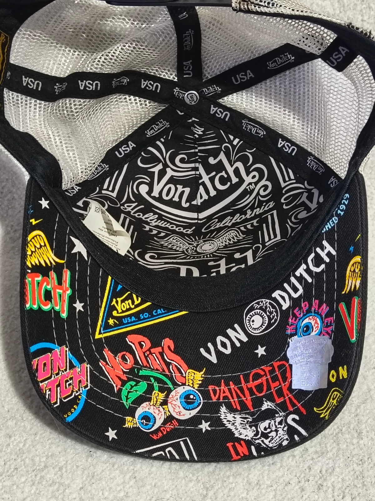 Von Dutch Eyeball Fly Trucker Hat Black White All Over Print Mesh Fast Ship