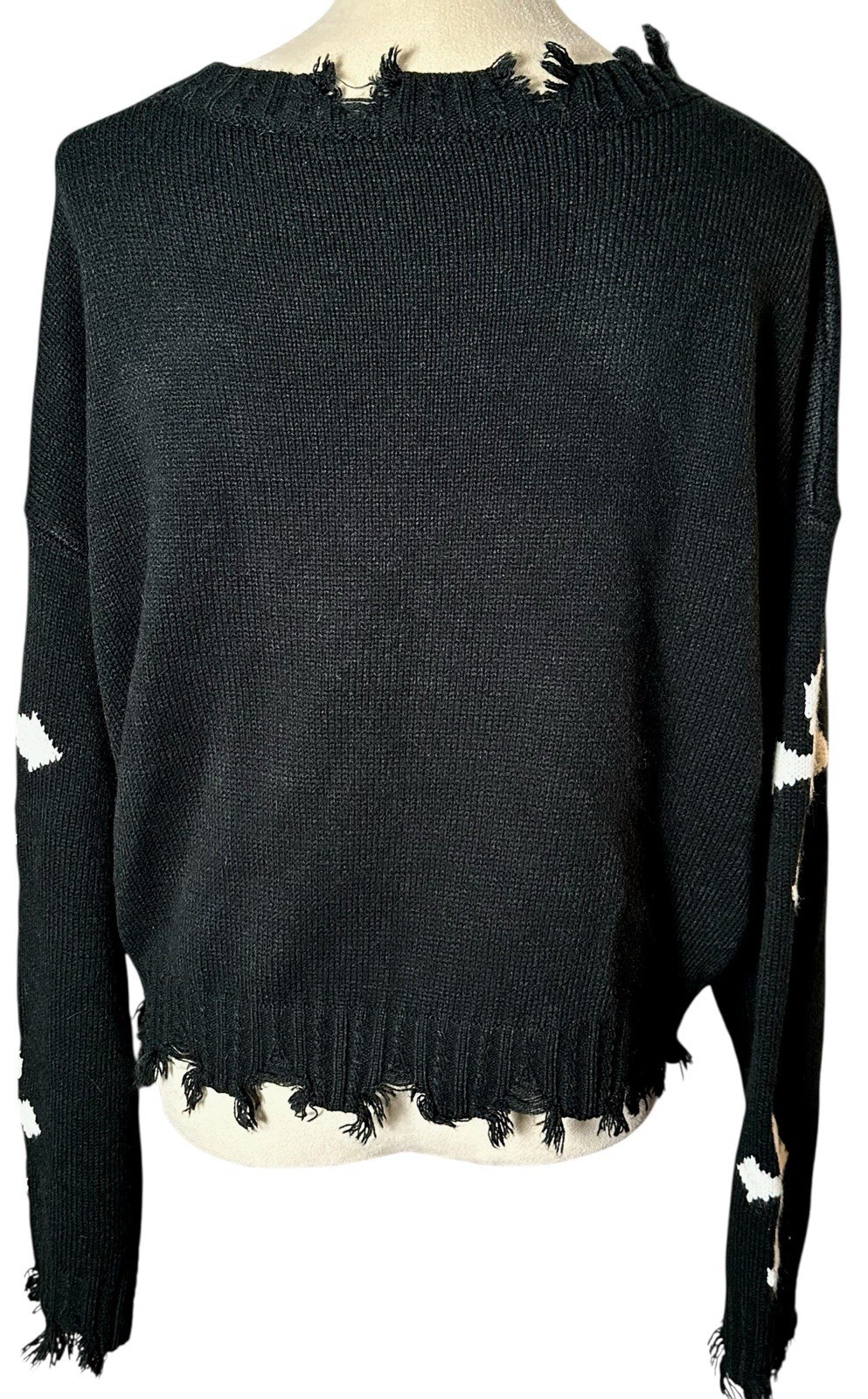 Distressed Fringe Womens Black Cross Knit Sweater Sz M Grunge WhimsiGoth Oversiz