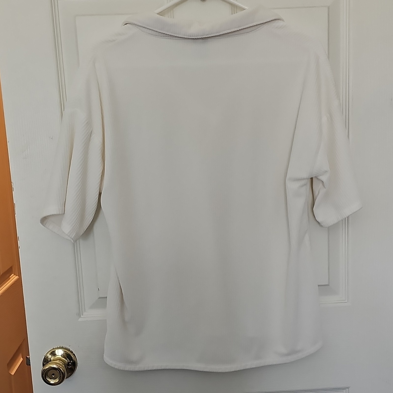 jaclyn intimates white solid knit polo collared short sleeve stretch top L