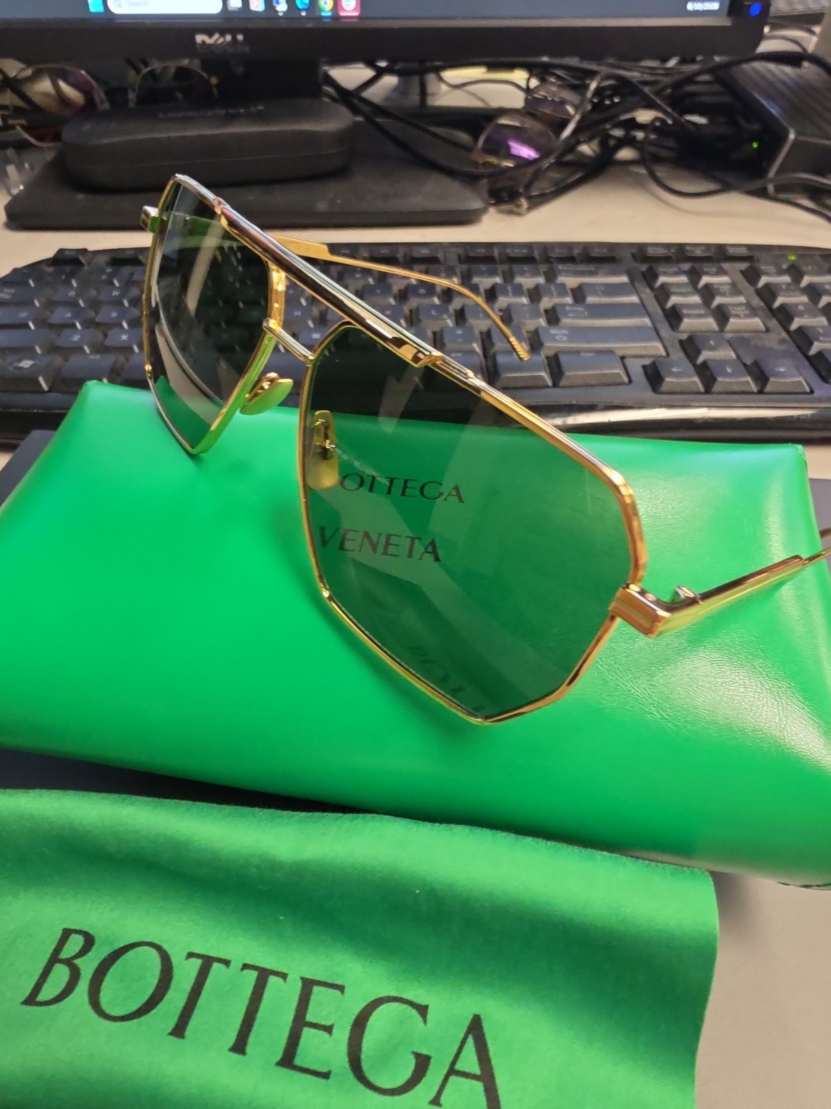 Bottega Veneta Aviator Sunglasses BV1012S Gold Frame Green Lens Unisex
