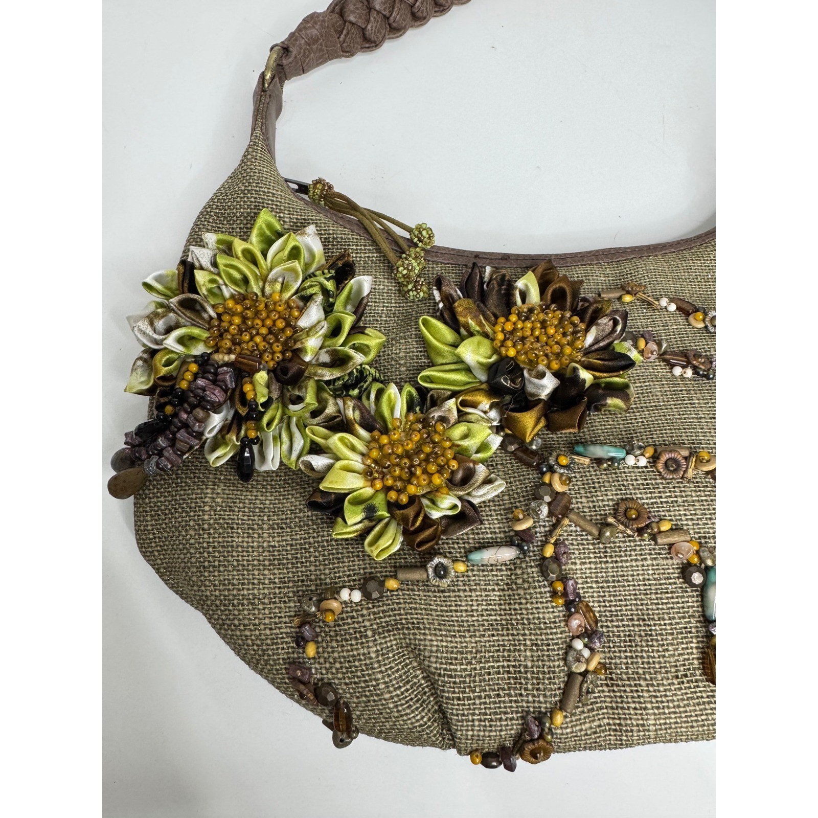 Mary Frances Olive Green Burlap Floral Embellished Beaded Hobo Bag Brown Braided