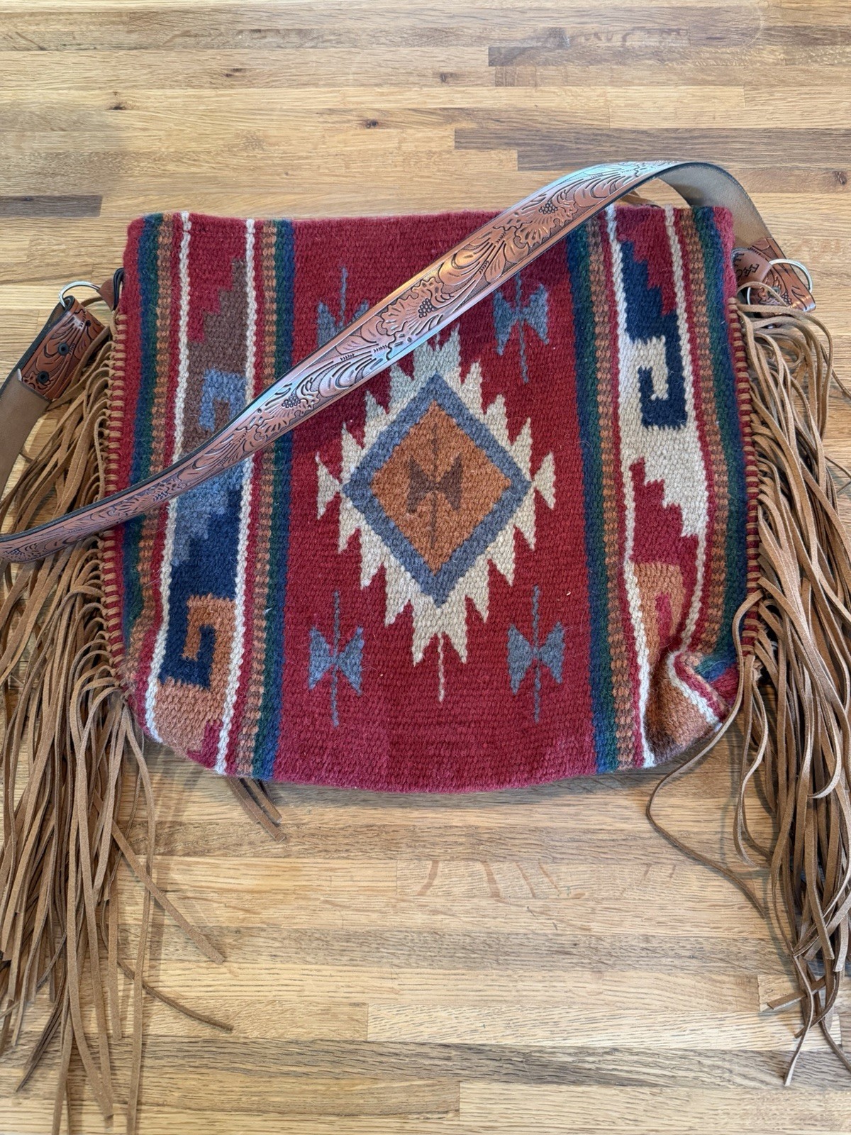 Western Red Multicolor Saddle Blanket Shoulder Bag. Leather Fringe