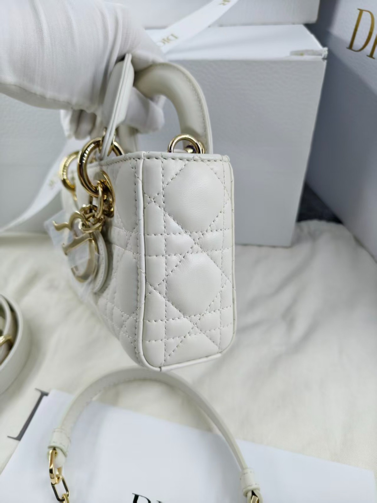 Dior D‑Joy Mini White Gold‑Tone Hardware Shoulder Handbag