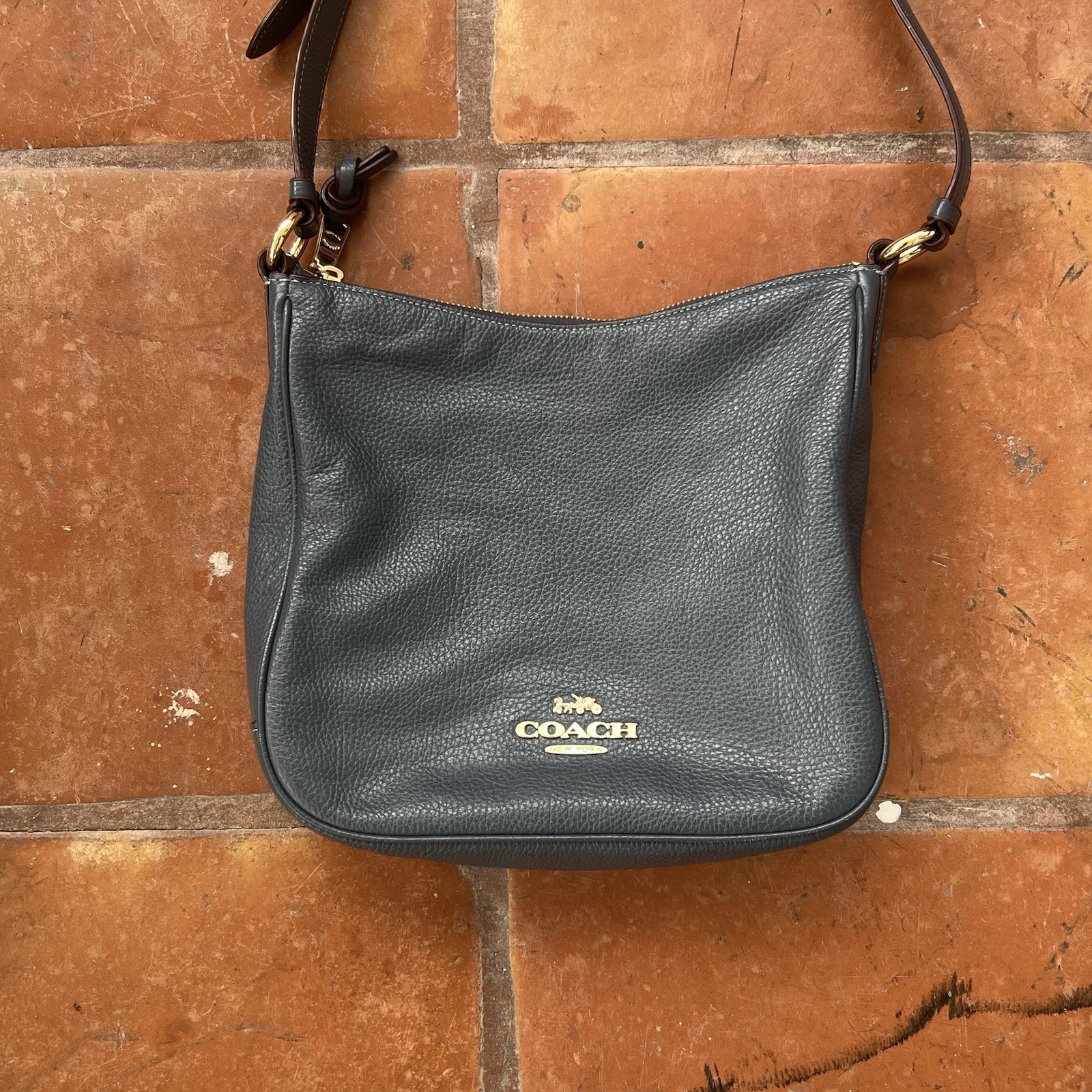 Coach Ellie File Navy Pebbled Leather Crossbody Bag Rose Gold Hardware F2122