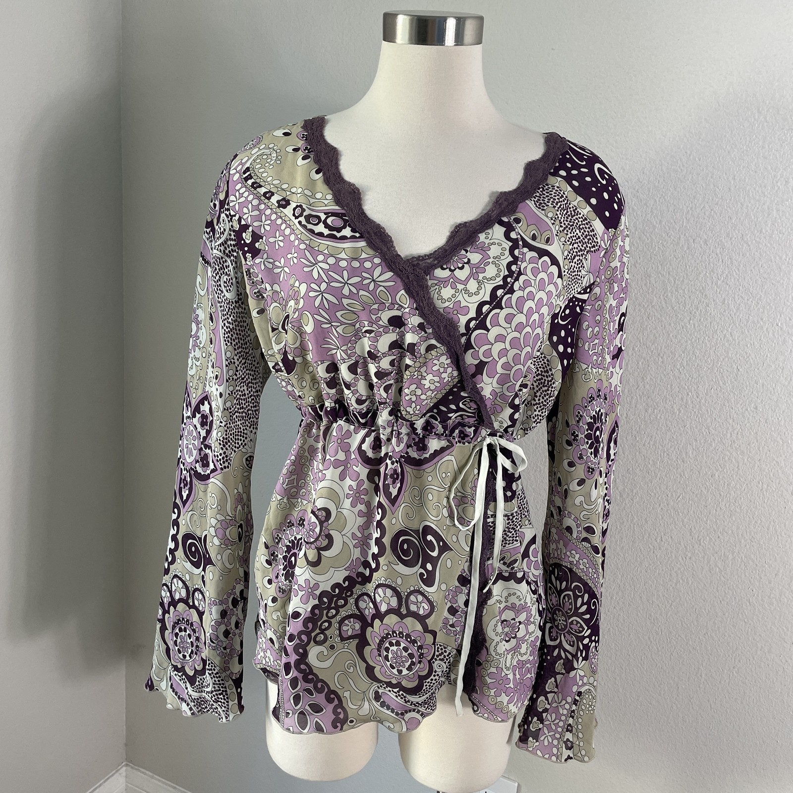 Y2K Apt 9 Blouse Womens XL Purple Beige Floral Paisley Babydoll Long Sleeve Top