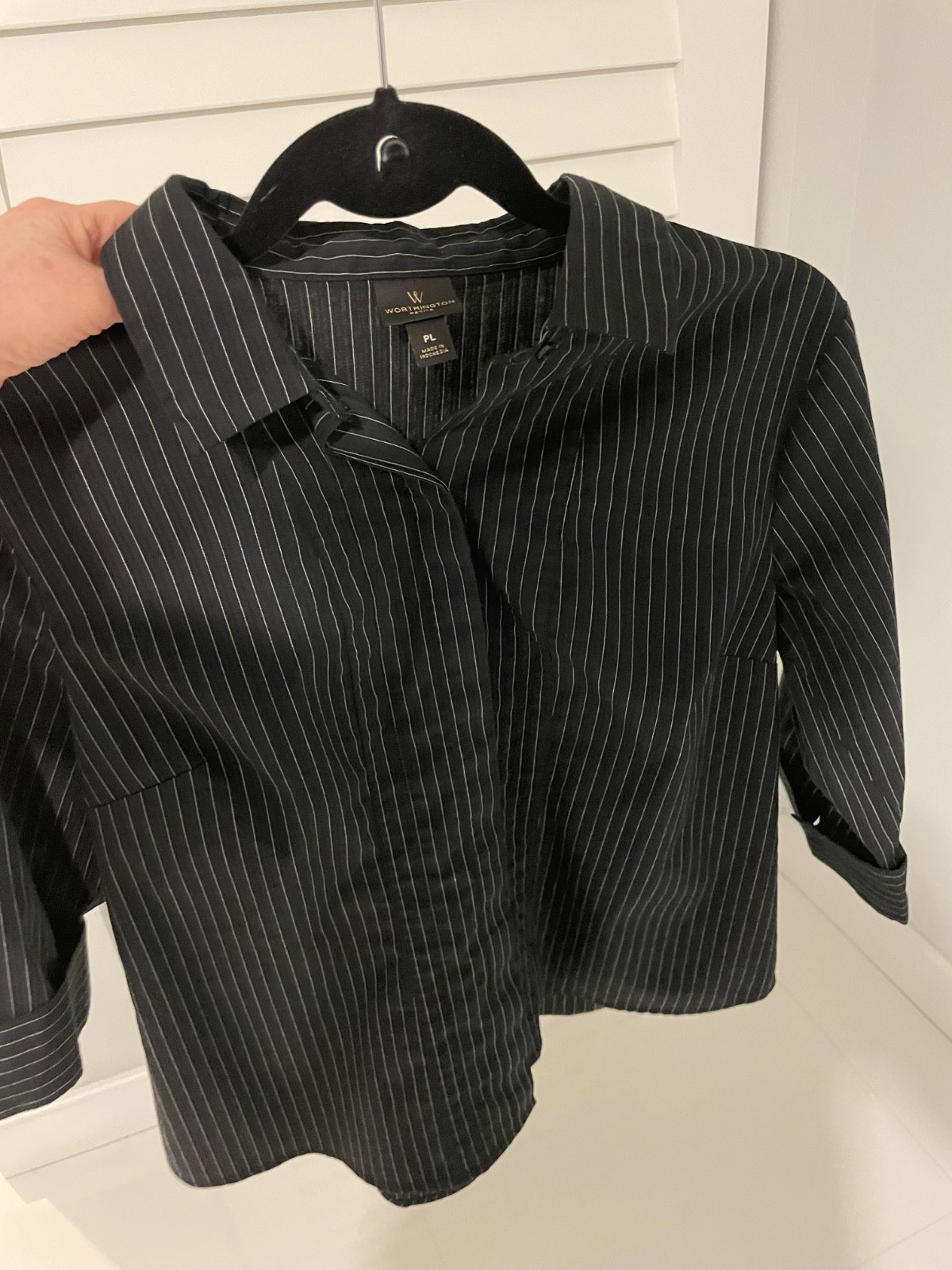 Worthington Petite Large PL Black and White Striped Blouse Top Shirt Career Work