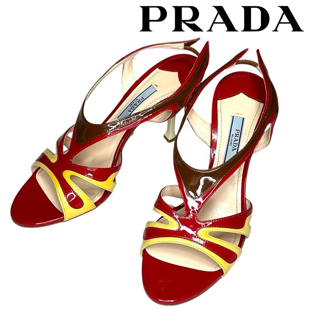 PRADA Patent Leather Heeled Sandals 22.5cm Red Yellow Italy