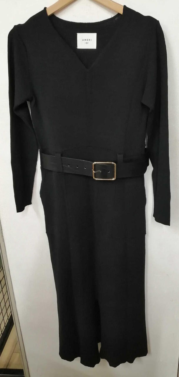 Ameri Woman’s Belted Black Knit Dress M 47in Length 36cm Shoulder