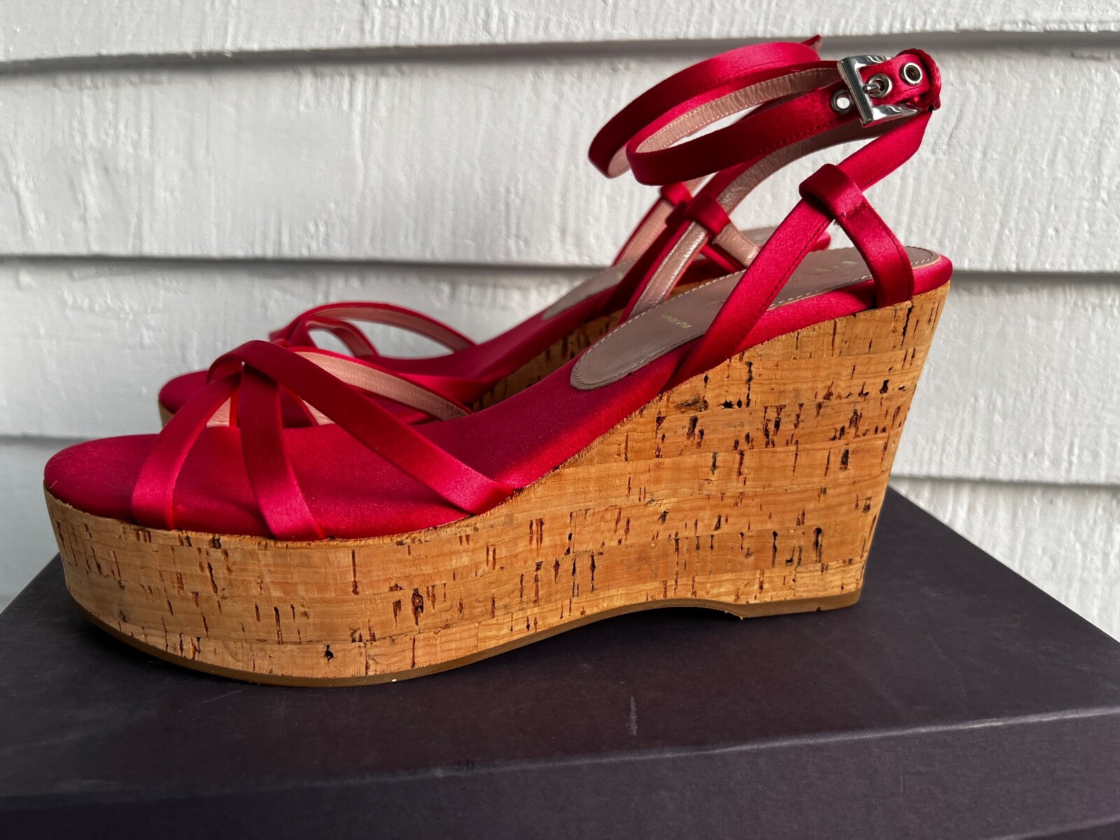 New PRADA Raso Cork Strappy Satin Platform Wedges Size 39.5 Cherry Ciliegia Red