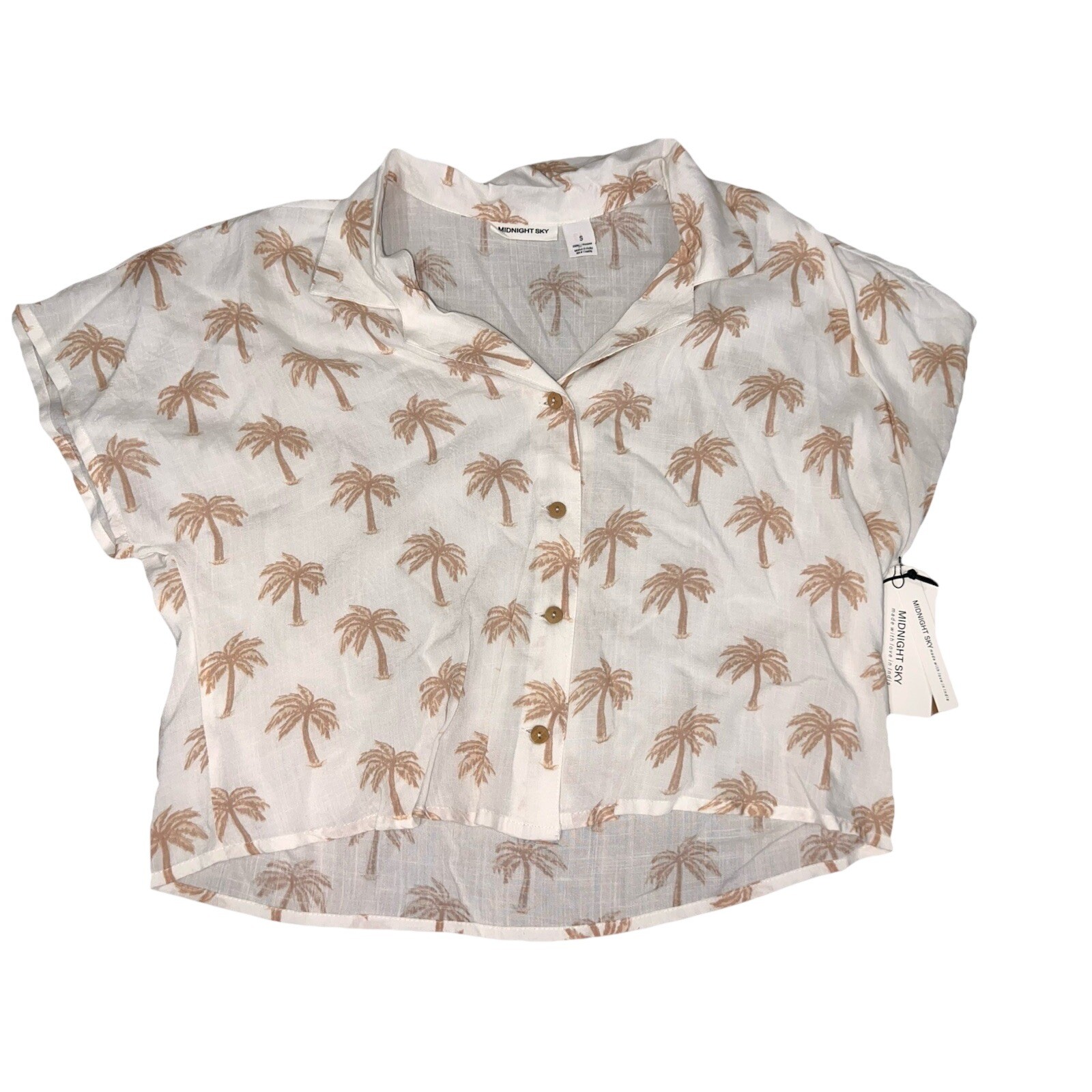 Midnight Sky Womens Small White Tan Palm Tree Print Button Down Crop Shirt NEW