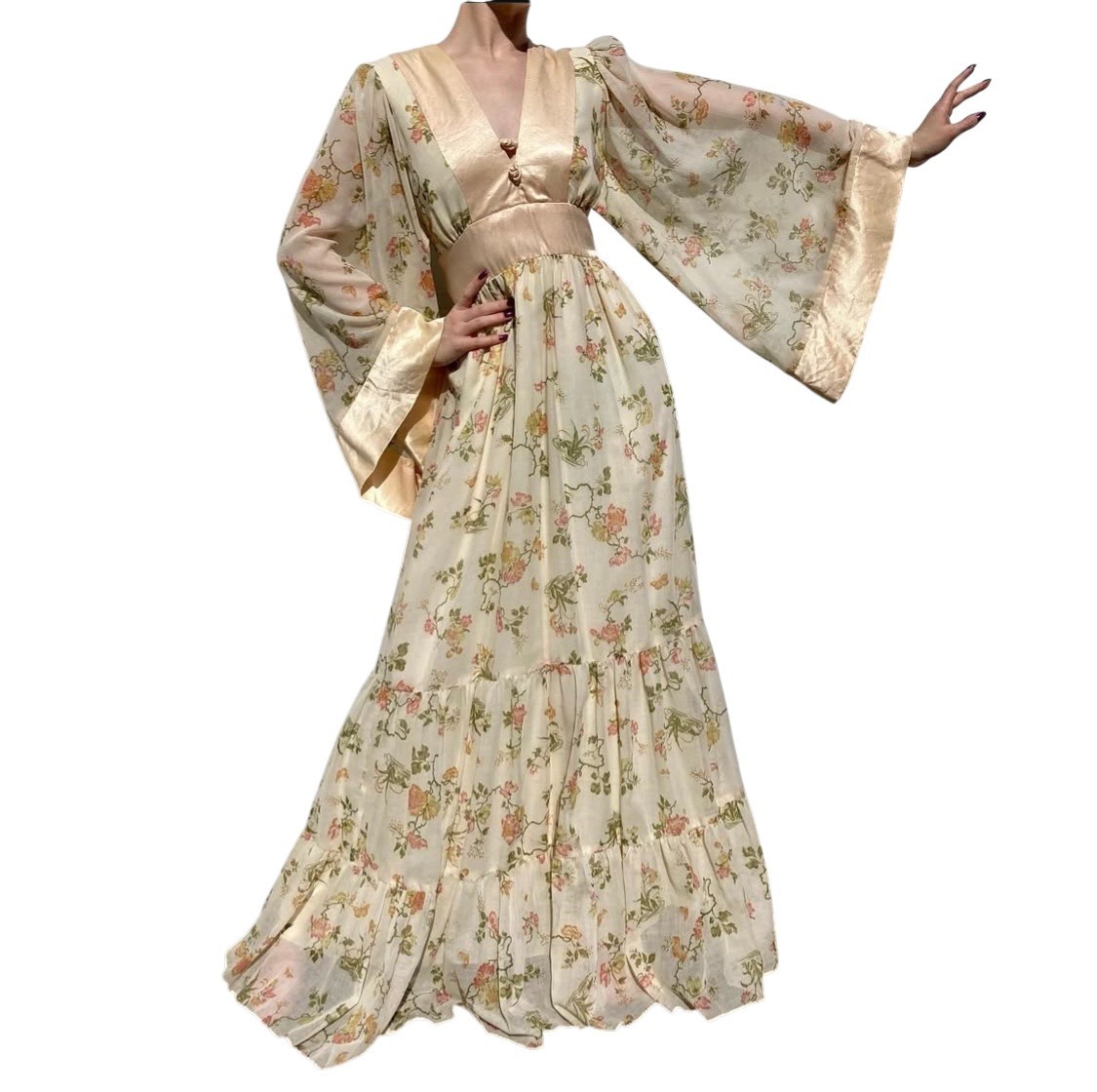 70s Rare Gunne Sax By Jessica Maxi Floral Butterfly Print Angel Kimono Sleeve