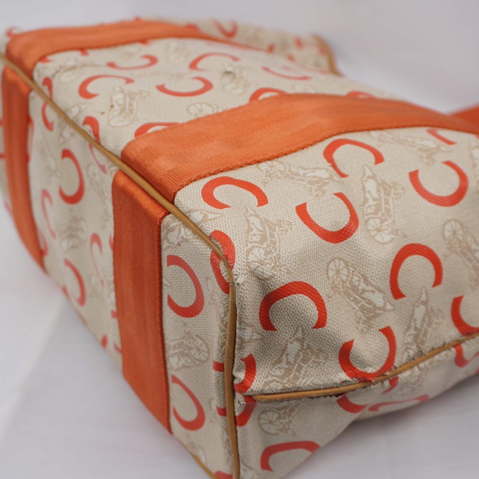 CELINE C Sulky Carriage Horse Tote Bag Coated Canvas Leather Orange Auth