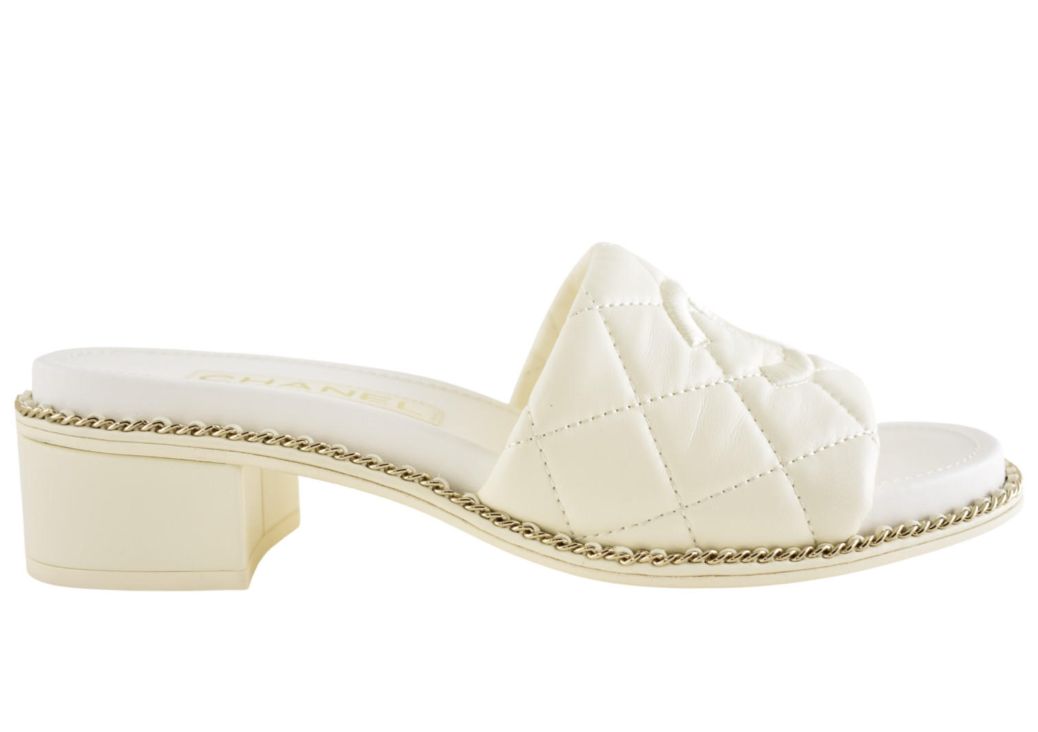 Chanel 25P White Quilted Leather Chain CC Logo Mule Slide Sandal Block Heel 36.5