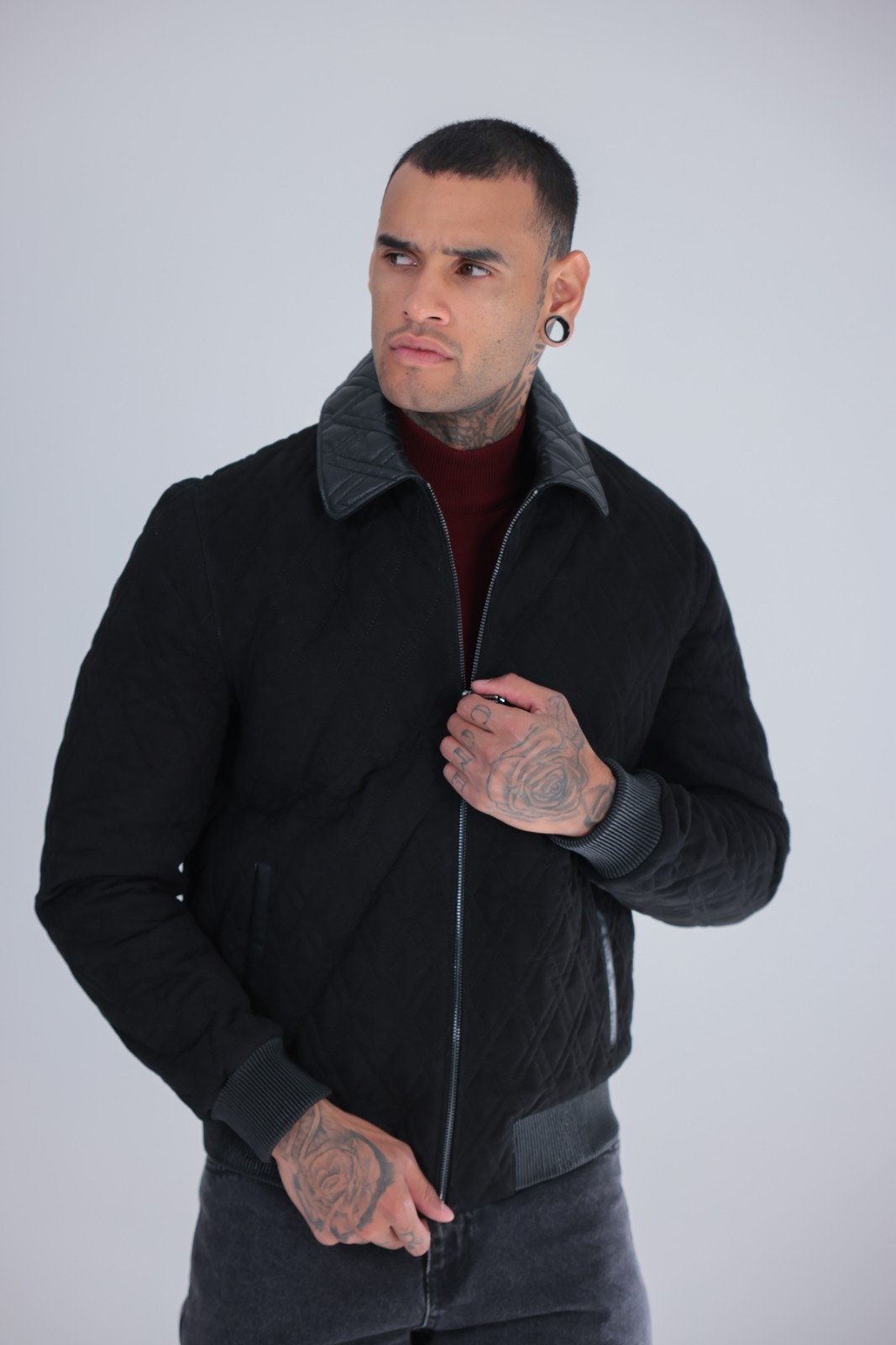 Men’s Genuine Suede Leather Bomber Jacket Black Rib Knit Zip 26″ – 65cm