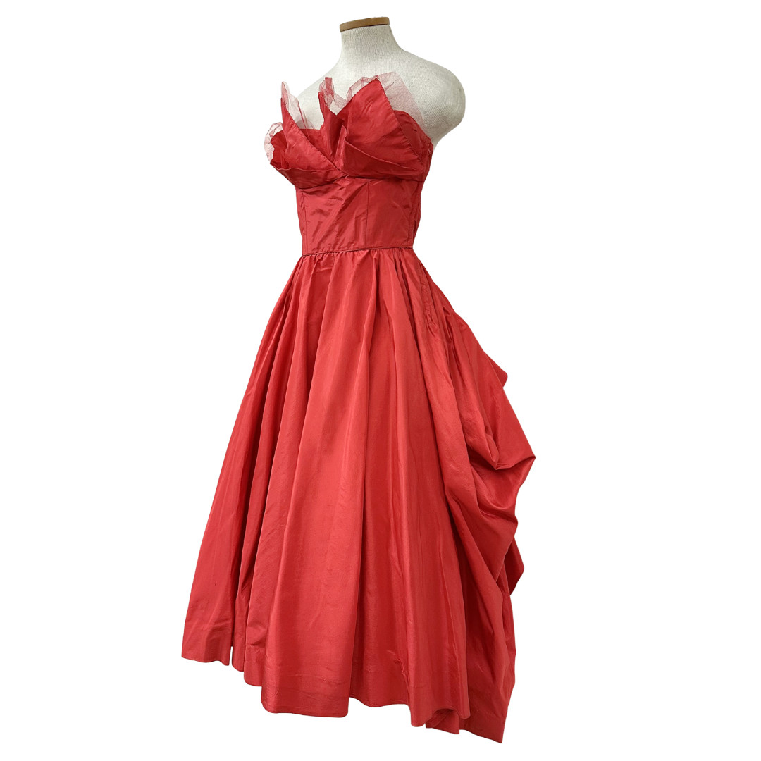 Vintage 1950s Ceil Chapman Red Taffeta Draped Bustle Pointed Bust Dress