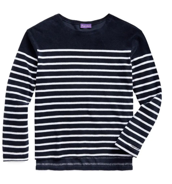 Ralph Lauren Purple Label Navy French Terry Striped Fleece Sweatshirt Sweater