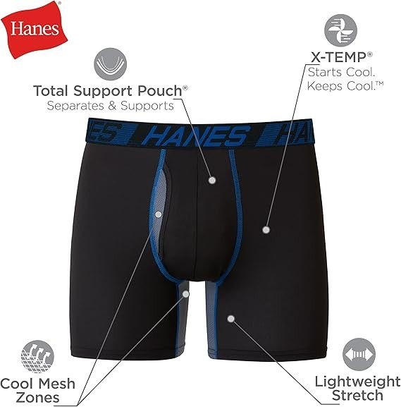 Hanes® Moves X-Temp® Men’s 3-Pack Boxer Briefs “Total Support Pouch~ 6″ Inseam”