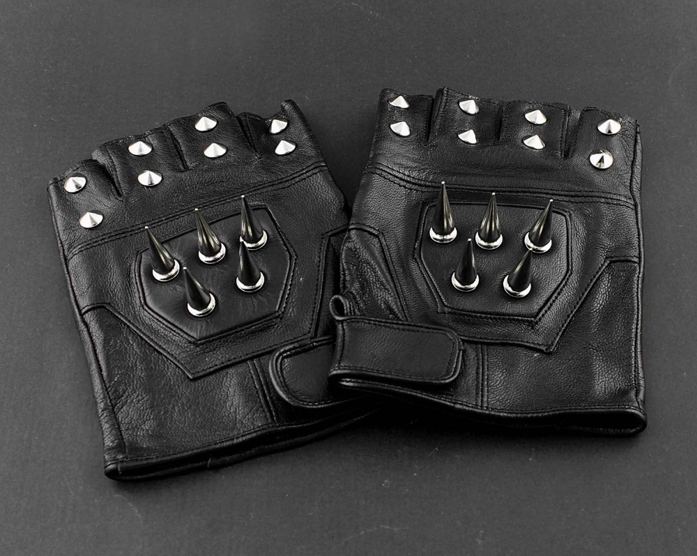 Mens Leather Spike stud Punk Rocker Driving Motorcycle Biker Fingerless Gloves