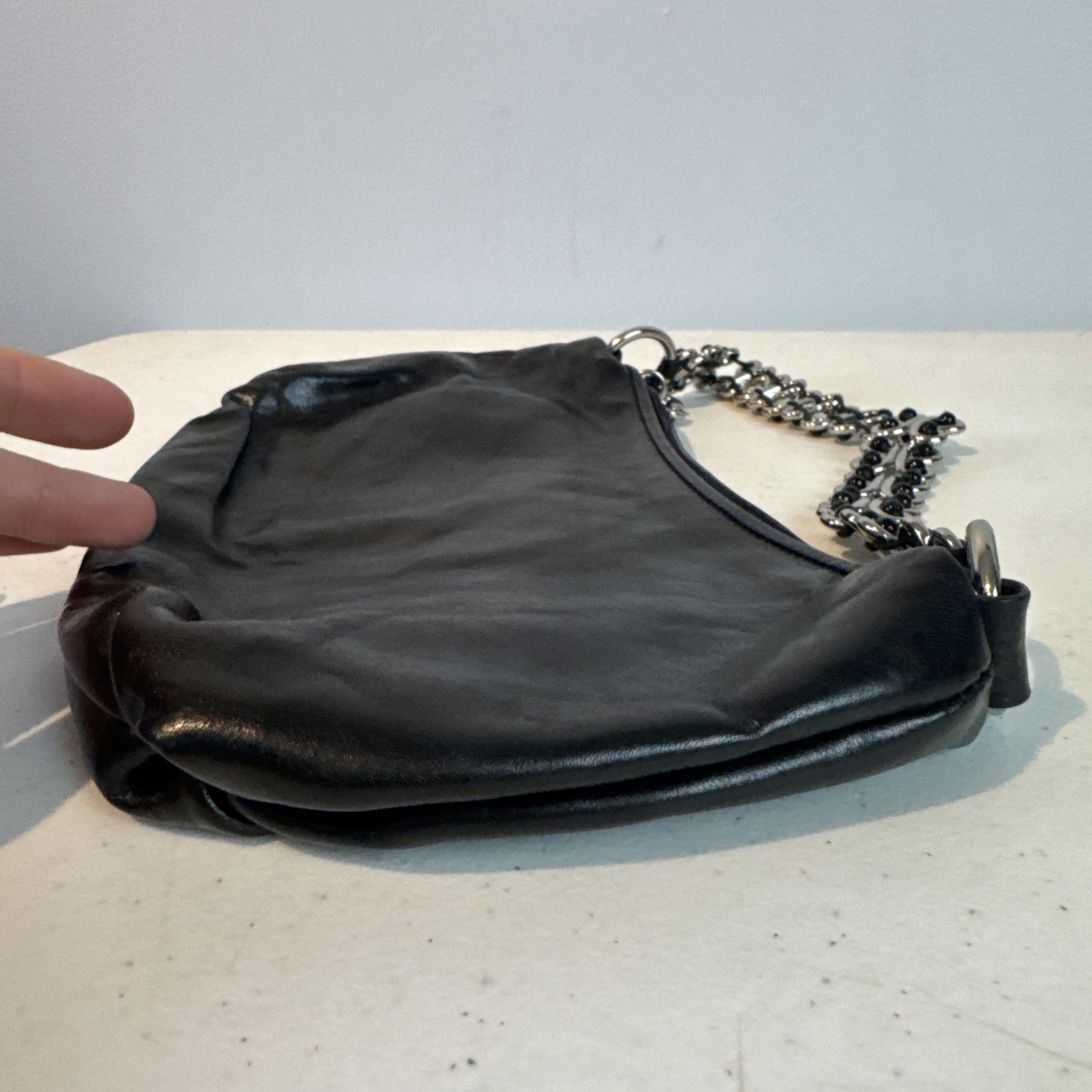 Elliott Lucca Black Leather Hobo Handbag Silver Tone Chain Strap Zipper
