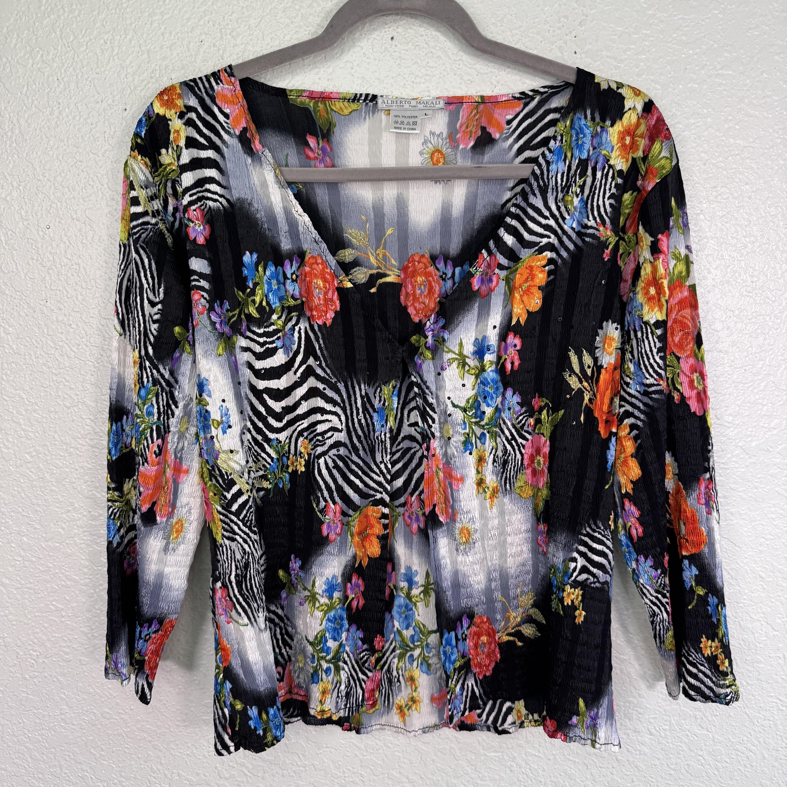 Alberto Makali Cardigan Top Women Large Floral Zebra Crinkle Stretch Sequin Y2K