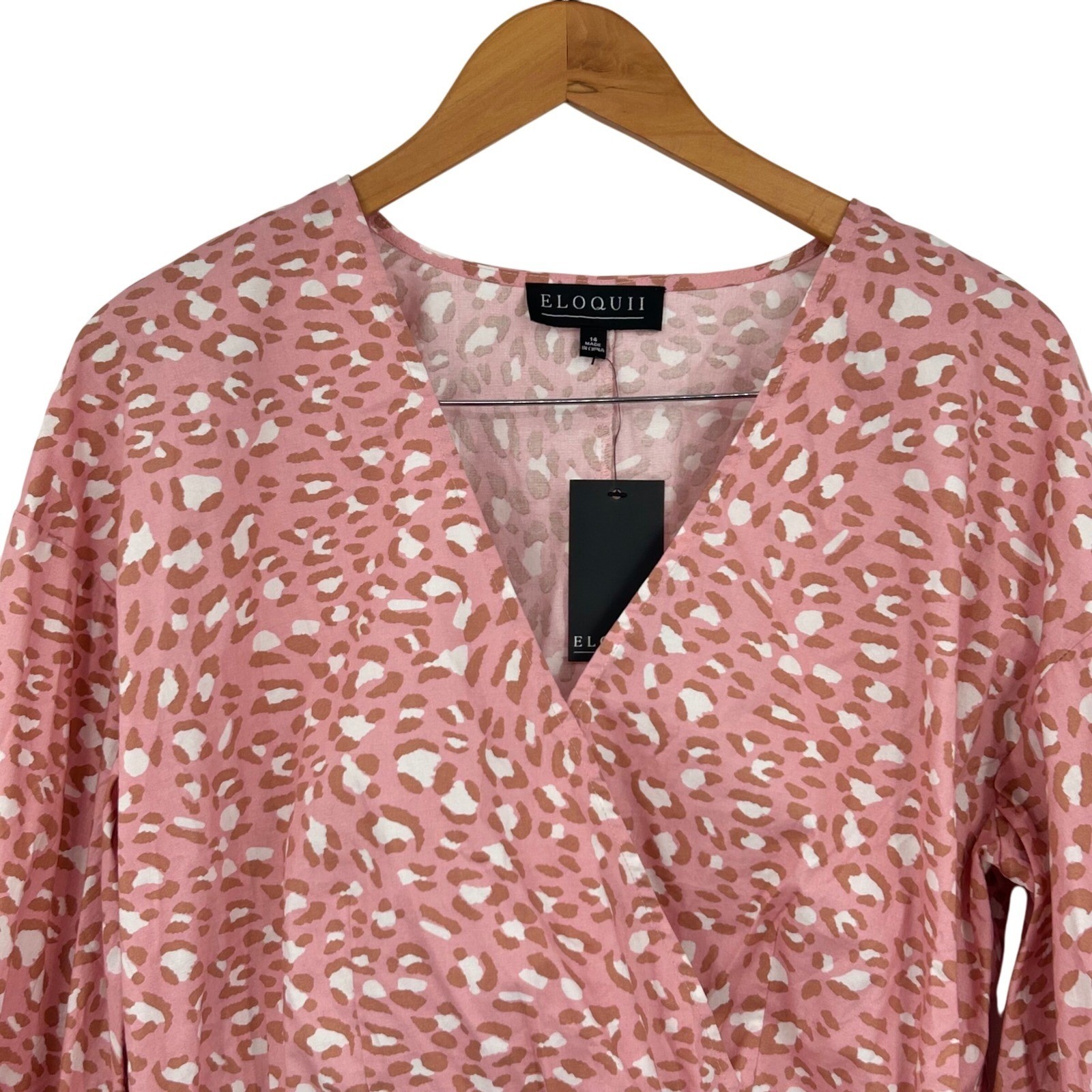 Eloquii Women Peplum Wrap Blouse 14 Pink Leopard Print Long Sleeve Animal Core