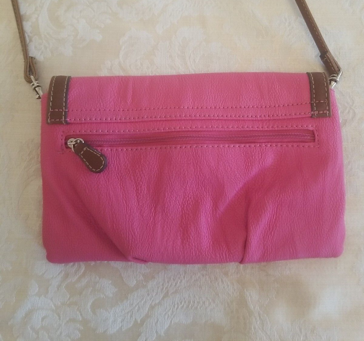 Chaps Crossbody/Clutch Purse Pebble Grain Man-Made Material Pink/Brown ~ B