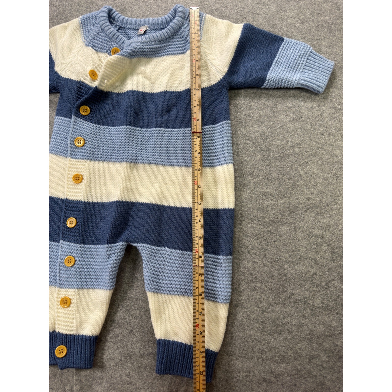Licupiee Knit Romper Baby 6-9M Blue White Striped Long Sleeve Side Button
