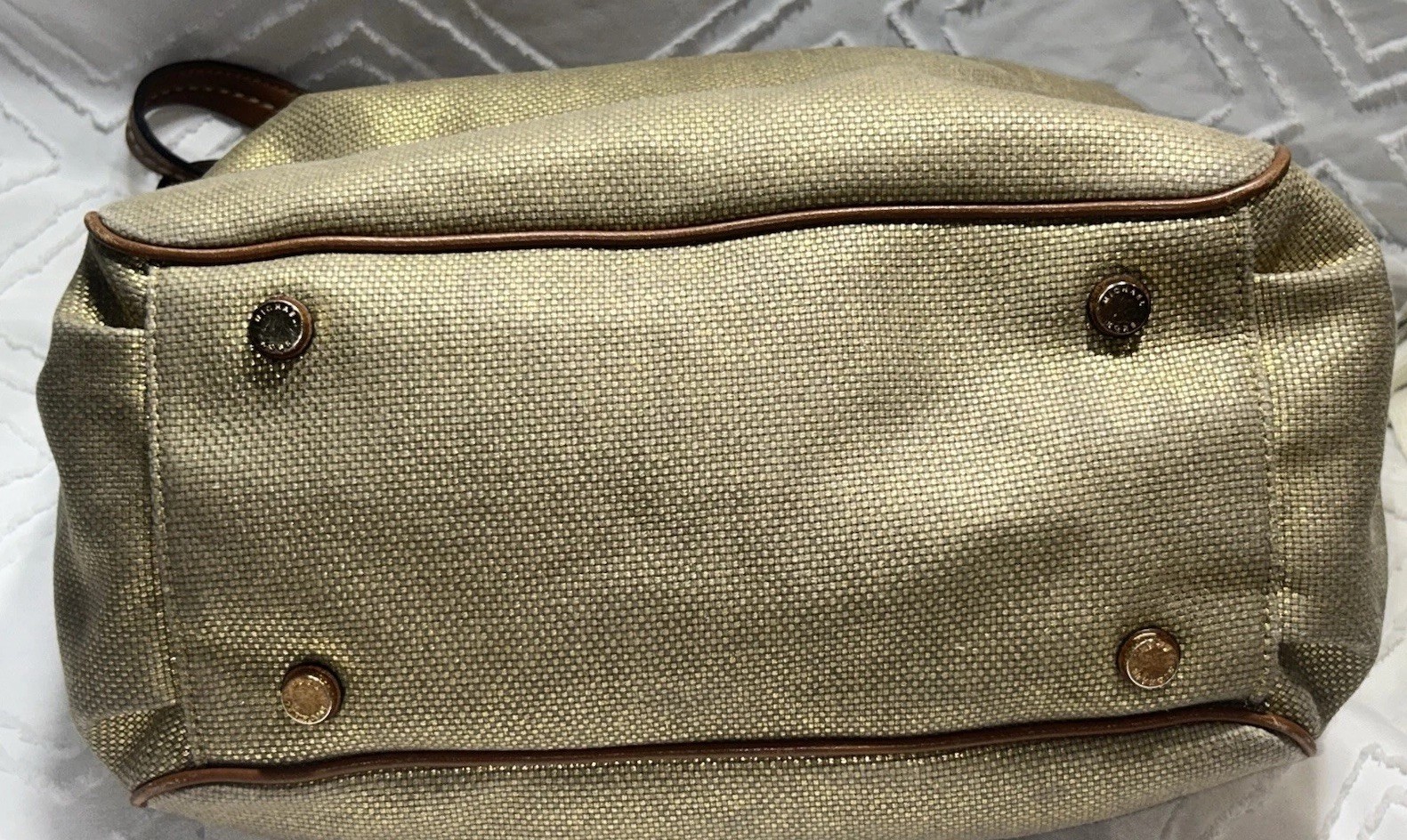 Michael Kors Marina Large Canvas Drawstring Tote Bag Gold Metallic Brown Leather