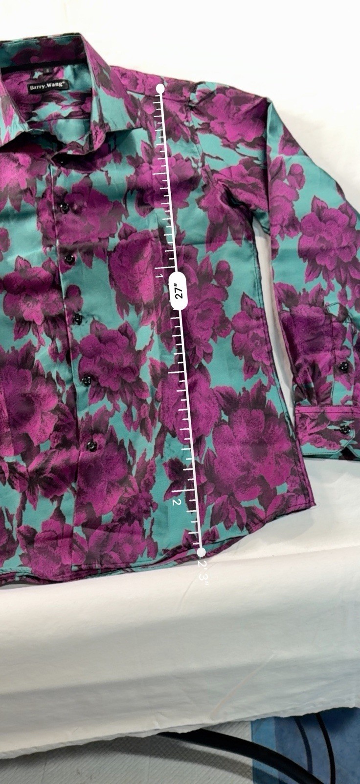 Barry Wang Men’s Teal Purple Dress Shirt Shiny Floral Button Up Small NWOT C68